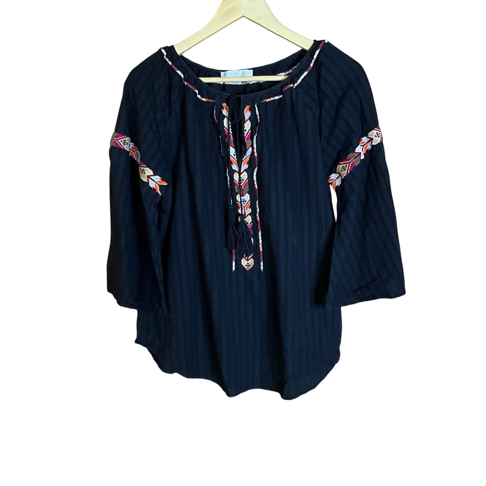 Wild Majesty Black Embroidered Boho Hippie Tassel Neck Tunic Top Size L